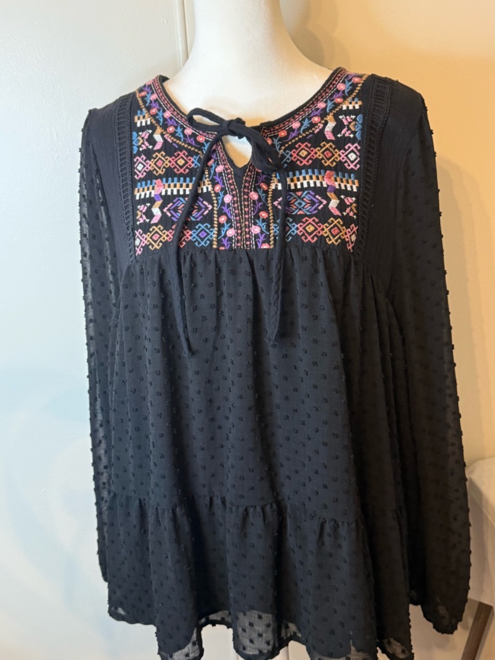 Savanna Jane Black Boho Embroidered Peasant Blouse